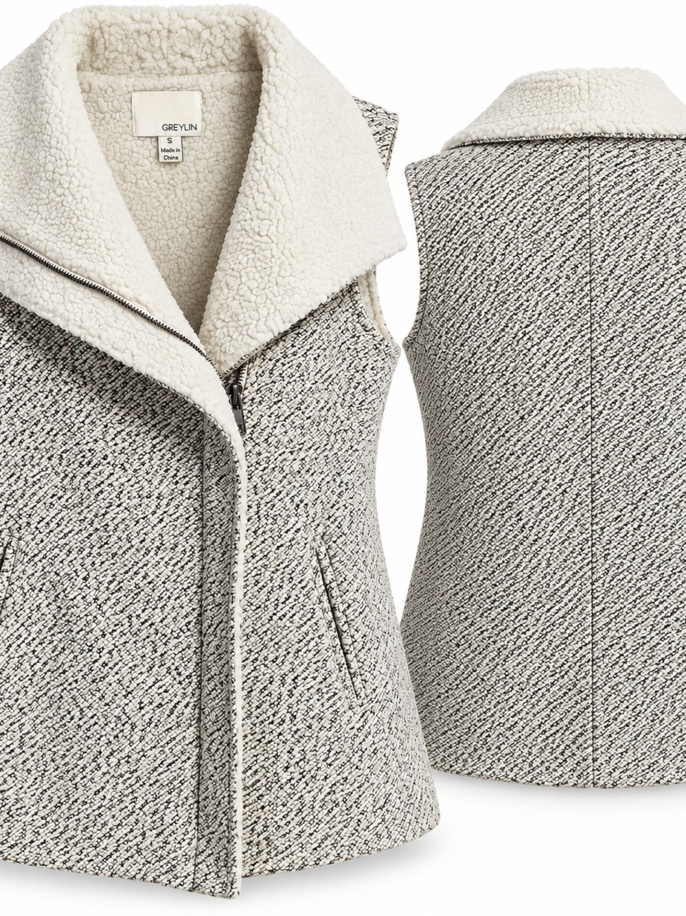 GREYLIN Size S Sherpa Collar Tweed Vest Quiet Luxury Minimalist Moto